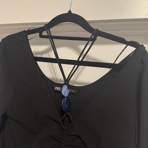 Zara Gothic Black Stone Accent Bell Sleeve Flare Mini Dress Size Small - Picture 9 of 10